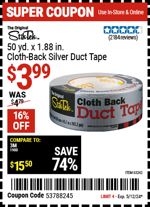 Buy the STIKTEK 50 Yds. x 1.88 in. Cloth Back Silver Duct Tape (Item 63242) for $3.99, valid through 5/12/2024.