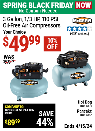 Buy the MCGRAW 3 Gallon 1/3 HP 110 PSI Oil-Free Hotdog Air Compressor (Item 57572/57567) for $49.99, valid through 4/15/2024.