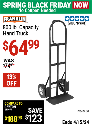 Buy the FRANKLIN 800 lb. Capacity Hand Truck (Item 58294) for $64.99, valid through 4/15/2024.