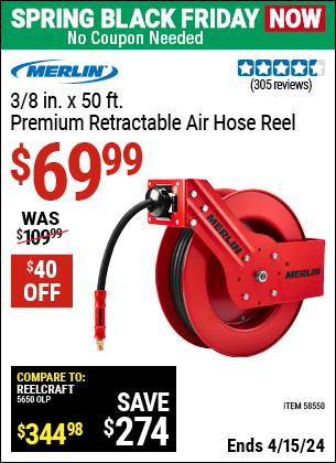 Coupons for MERLIN 3/8 in. x 50 ft. Premium Retractable Air Hose