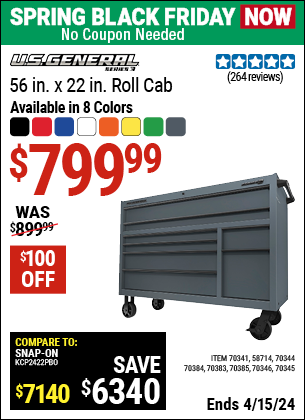 Buy the U.S. GENERAL 56 in. Roller Cabinet (Item 58714/70341/70344/70345/70346/70383/70384/70385) for $799.99, valid through 4/15/2024.
