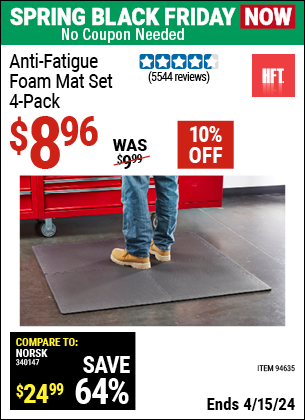 Buy the HFT Anti-Fatigue Foam Mat Set 4 Pc. (Item 94635) for $8.96, valid through 4/15/2024.