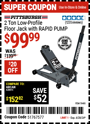 Buy the PITTSBURGH 2 Ton Low-Profile Floor Jack with RAPID PUMP, Slate Gray (Item 70485) for $99.99, valid through 4/28/2024.