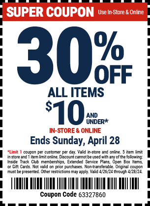 Buy the 30% Off Any Single Item Under $10, valid through 4/28/2024.