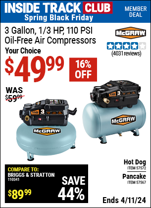 Inside Track Club members can buy the MCGRAW 3 Gallon 1/3 HP 110 PSI Oil-Free Hotdog Air Compressor (Item 57572/57567) for $49.99, valid through 4/11/2024.