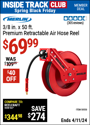 MERLIN 3/8 in. x 50 ft. Premium Retractable Air Hose Reel for $69.99 –  Harbor Freight Coupons