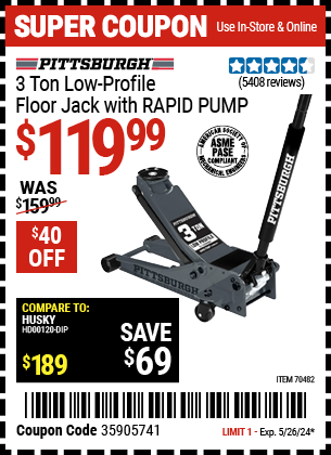Buy the PITTSBURGH 3-Ton Low-Profile Floor Jack with RAPID PUMP, Slate Gray (Item 70482) for $119.99, valid through 5/26/2024.
