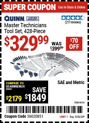 Buy the QUINN Master Technician Tool Set, 428 Pc. (Item 58154) for $329.99, valid through 5/26/2024.