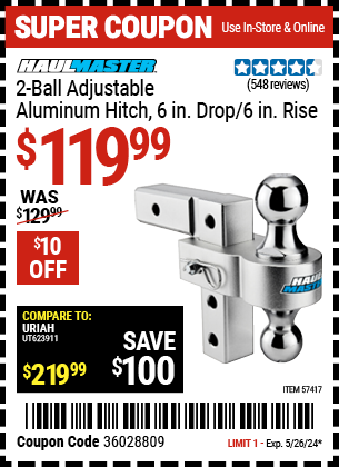Buy the HAUL-MASTER 2-Ball Adjustable Aluminum Hitch, 6 in. Drop / 6 in. Rise (Item 57417) for $119.99, valid through 5/26/2024.