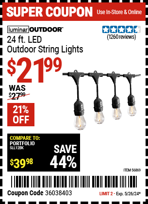 Buy the LUMINAR OUTDOOR 24 ft., 12-Bulb Shatterproof Outdoor LED String Lights, Black (Item 56869) for $21.99, valid through 5/26/2024.