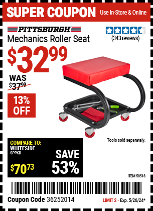 Buy the PITTSBURGH AUTOMOTIVE Mechanic's Roller Seat (Item 58518) for $32.99, valid through 5/26/2024.
