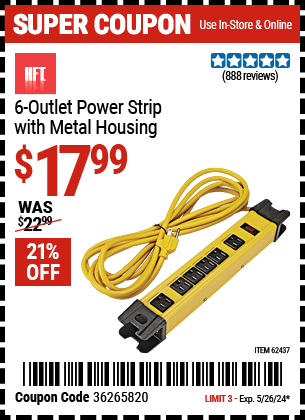 Buy the HFT 6 Outlet Heavy Duty Power Strip with Metal Housing (Item 62437) for $17.99, valid through 5/26/2024.