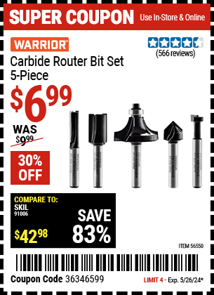 Buy the WARRIOR Carbide Router Bit Set, 5 Piece (Item 56550) for $6.99, valid through 5/26/2024.