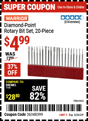 Buy the WARRIOR Diamond Point Rotary Bit Set 20 Pc. (Item 69653) for $4.99, valid through 5/26/2024.