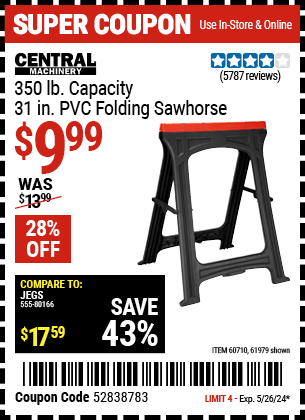 Buy the CENTRAL MACHINERY 31 in. PVC Folding Sawhorse, 350 lb. Capacity (Item 61979/60710) for $9.99, valid through 5/26/2024.