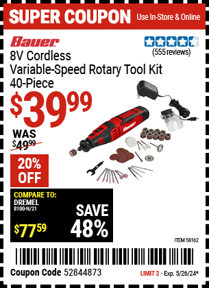 Buy the BAUER 8V Cordless Variable Speed Rotary Tool Kit, 40 Pc. (Item 58162) for $39.99, valid through 5/26/2024.