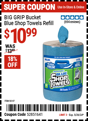 Buy the TOOLBOX TOOLBOX Big Grip Bucket Blue Shop Towels Refill (Item 56147) for $10.99, valid through 5/26/2024.