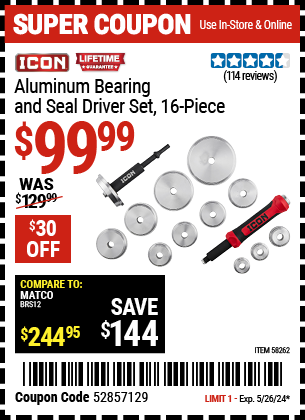 Buy the ICON Aluminum Bearing and Seal Driver Set (Item 58262) for $99.99, valid through 5/26/2024.