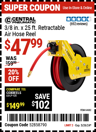 Buy the CENTRAL PNEUMATIC 3/8 in. x 25 ft. Premium Retractable Air Hose Reel (Item 69234) for $47.99, valid through 5/26/2024.