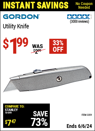 Buy the GORDON Retractable Utility Knife (Item 03359) for $1.99, valid through 6/6/2024.