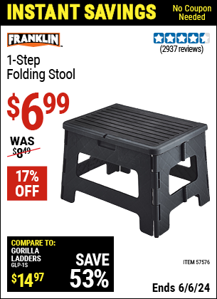 Buy the FRANKLIN One-Step Folding Stool, Black (Item 57576) for $6.99, valid through 6/6/2024.