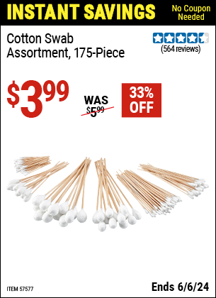 Buy the Cotton Swab Assortment, 175 Pc. (Item 57577) for $3.99, valid through 6/6/2024.