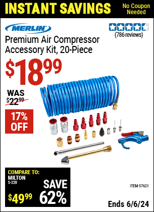 Buy the MERLIN Premium Air Compressor Accessory Kit, 20 Pc. (Item 57621) for $18.99, valid through 6/6/2024.