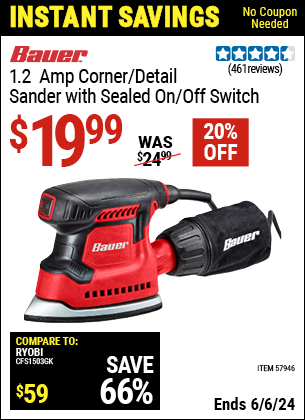 Buy the BAUER 1.2 Amp Detail Corner Sander (Item 57946) for $19.99, valid through 6/6/2024.