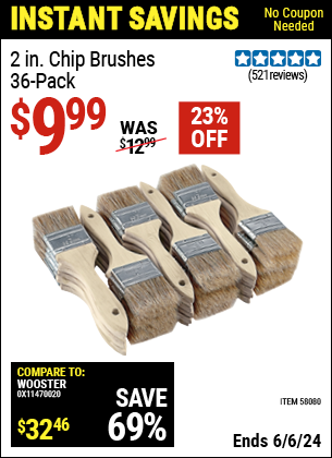 Buy the 2 in. Chip Brushes, 36 Pk. (Item 58080) for $9.99, valid through 6/6/2024.