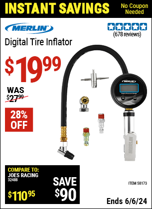 Buy the MERLIN Digital Tire Inflator (Item 58173) for $19.99, valid through 6/6/2024.