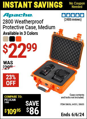 Buy the APACHE 2800 Weatherproof Protective Case, Medium, Orange (Item 58655/58656/64551) for $22.99, valid through 6/6/2024.