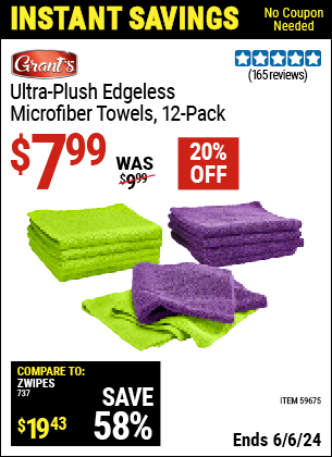 Buy the GRANT'S Ultra-Plush Edgeless Microfiber Towels, 12-Pack (Item 59675) for $7.99, valid through 6/6/2024.