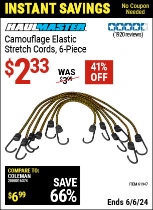 Buy the HAUL-MASTER Camouflage Elastic Stretch Cords 6 Pc. (Item 61947) for $2.33, valid through 6/6/2024.