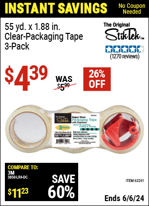Buy the STIKTEK 1.88 in. x 55 Yards Clear Packaging Tape 3 Pk. (Item 63241) for $4.39, valid through 6/6/2024.
