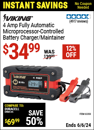 Buy the VIKING 4 Amp Fully Automatic Microprocessor Controlled Battery Charger/Maintainer (Item 63350) for $34.99, valid through 6/6/2024.
