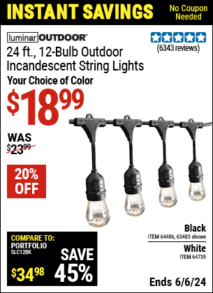 Buy the LUMINAR OUTDOOR 24 ft., 12-Bulb. Outdoor Incandescent String Lights (Item 63483/64486/64739) for $18.99, valid through 6/6/2024.
