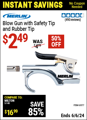 Buy the MERLIN Blow Gun with Safety Tip and Rubber Tip (Item 63577) for $2.49, valid through 6/6/2024.