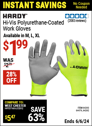 Buy the HARDY Touchscreen Hi-Vis Polyurethane Coated Work Gloves Large (Item 64242/64243/64474) for $1.99, valid through 6/6/2024.