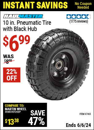 Buy the HAUL-MASTER 10 in. Pneumatic Tire with Black Hub (Item 67465) for $6.99, valid through 6/6/2024.
