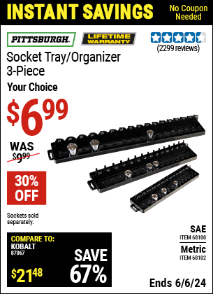 Buy the PITTSBURGH Socket Tray/Organizer 3 Pc. (Item 68100/68102) for $6.99, valid through 6/6/2024.