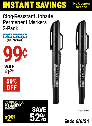 Buy the HFT Clog-Resistant Jobsite Permanent Markers, 2-Pack (Item 70060) for $0.99, valid through 6/6/2024.