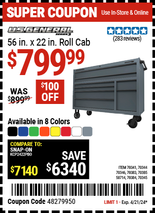 Buy the U.S. GENERAL 56 in. Roller Cabinet (Item 58714/70341/70344/70345/70346/70383/70384/70385) for $799.99, valid through 4/21/2024.