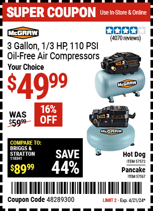 Buy the MCGRAW 3 Gallon 1/3 HP 110 PSI Oil-Free Hotdog Air Compressor (Item 57572/57567) for $49.99, valid through 4/21/2024.