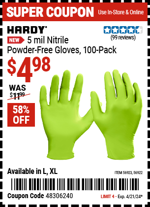 Buy the HARDY 5 mil Nitrile Powder-Free Gloves, 100-Piece, Large (Item 56922/56923/64417/64418/68496/61363/68497/61360/68498/61359) for $4.98, valid through 4/21/2024.