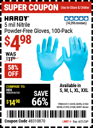 Buy the HARDY 5 mil Nitrile Powder-Free Gloves, 100-Piece, Light Blue (Item 64417/64418/68496/61363/68497/61360/68498/61359) for $4.98, valid through 4/21/2024.