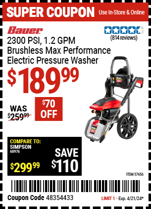 Buy the BAUER 2300 PSI 1.2, GPM Brushless Max Performance Electric Pressure Washer (Item 57656) for $189.99, valid through 4/21/2024.