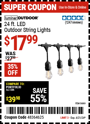 Buy the LUMINAR OUTDOOR 24 ft., 12-Bulb Shatterproof Outdoor LED String Lights, Black (Item 56869) for $17.99, valid through 4/21/2024.