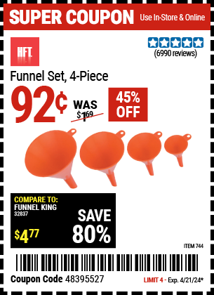 Buy the HFT Funnel Set 4 Pc. (Item 00744) for $0.92, valid through 4/21/2024.