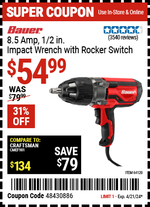 Buy the BAUER 8.5 Amp 1/2 in. Variable Speed Extreme Torque Impact Wrench with Rocker Switch (Item 64120) for $54.99, valid through 4/21/2024.