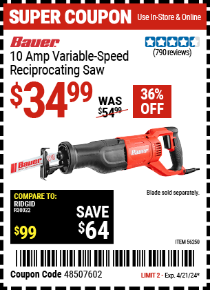 Buy the BAUER 10 Amp Variable Speed Reciprocating Saw (Item 56250) for $34.99, valid through 4/21/2024.
